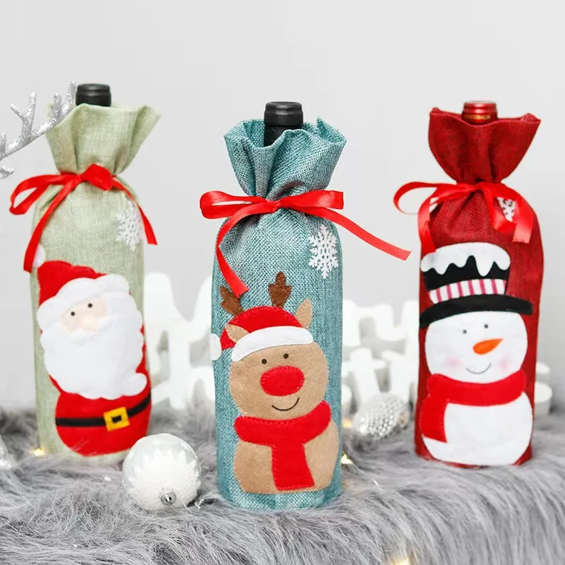 Hot Selling Fabric Cute Christmas Party Wine Bottle Decor Dining Table Festival Wine Decorative Bag