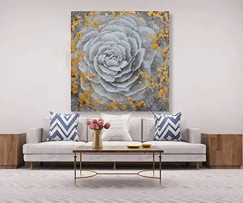 Hand Painted Modern White Flower With Gold Foil Print Artwork Pictures With Embellishment On Canvas For Bedroom Decoration