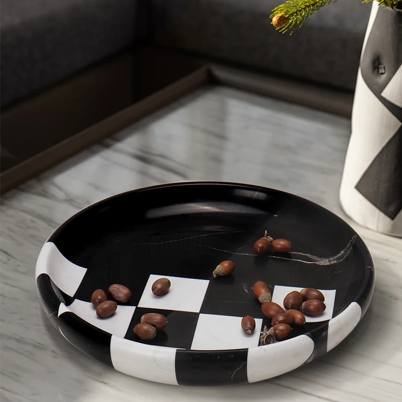 Luxury marble round fruit tray can be customized, household living room desktop storage tray, dessert dry fruit snack tray