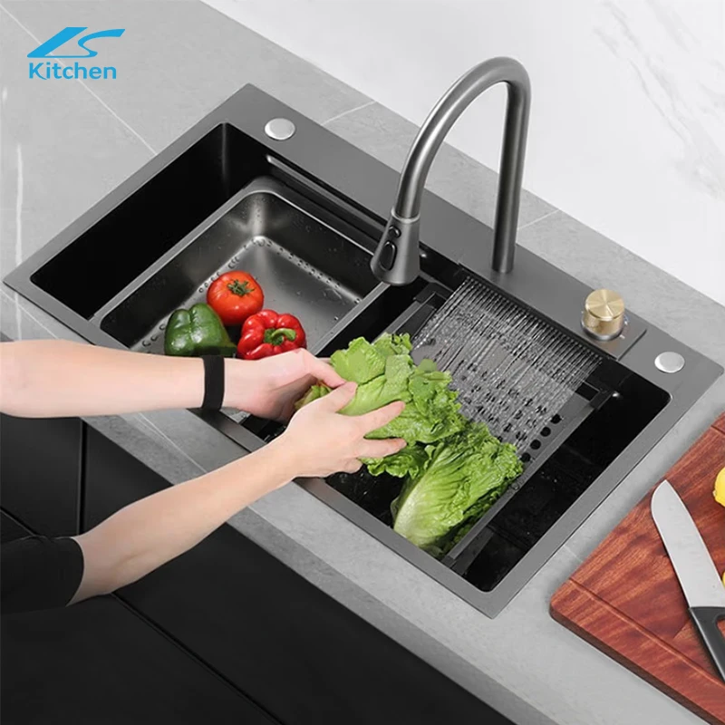 LS-7545B High end многофункциональный раковина из нержавеющей стали для волочения проволоки nano черный темно-серый цвет и