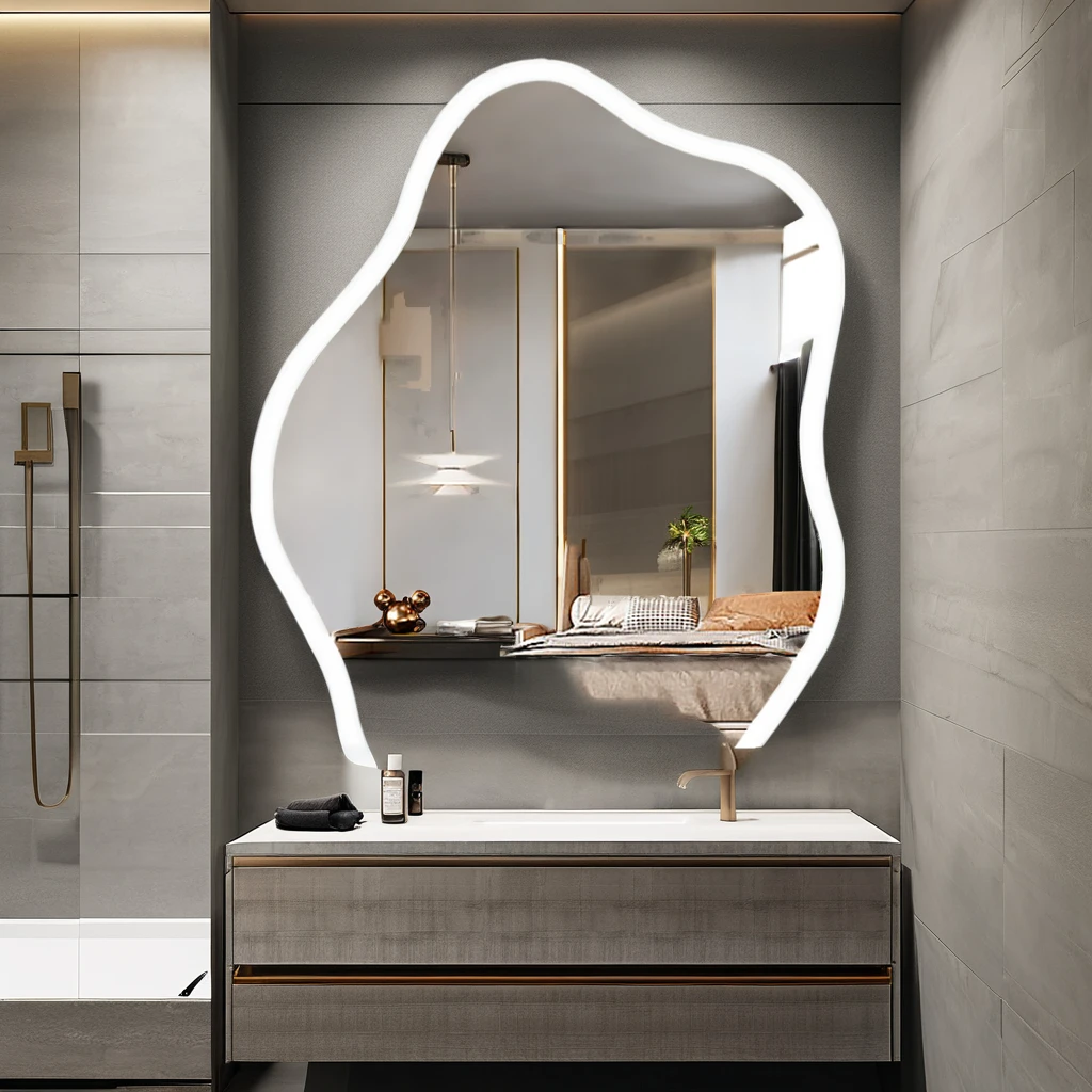 Custom Hot Selling Touch Led Light Smart Bathroom Mirror Irregular Backlit Wall Mirror  Bathroom Makeup Mirror for Hotel