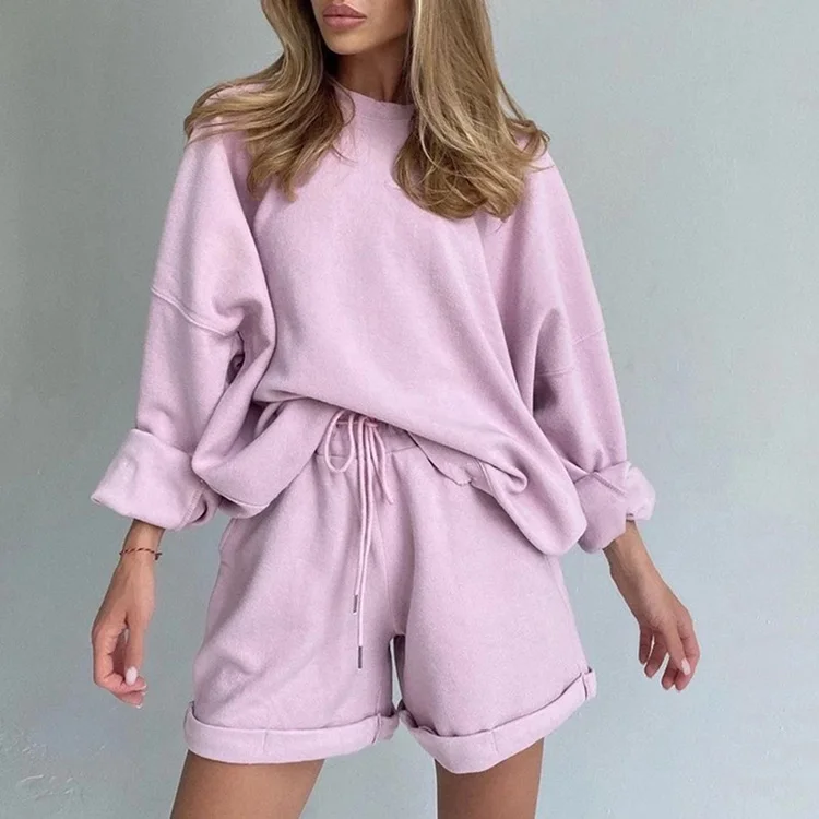 2021 Simple Style Trendy Women Solid Casual Sweatsuit Bulk Fall Versatile Crew Neck Long Sleeve Two Pieces Short Pants Set