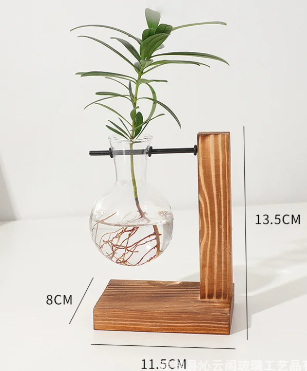 Plant Terrarium with Retro Wooden Stand, Metal Swivel Holder Hydroponics Plants Home Wedding Decor Glass Planter Bulb Vase