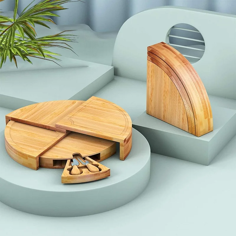 Cheap Price Compact Wedge wooden Round Charcuterie Platter Kitchen Snack Serving Tray Large Bamboo Cheese Board And Knife Set
