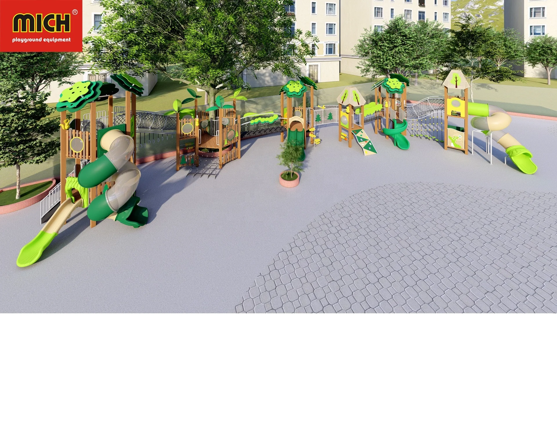 Mich New WPC PE Board Series Tree House Themed Large Children Outdoor Obstacle Playground with Climbing Bars Puzzle Games