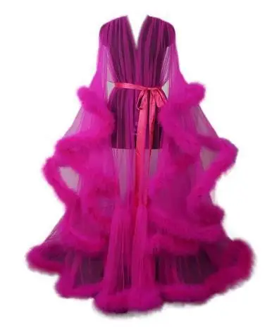 Sexy Deep V-neck Tulle Maternity Dresses Lace Hollow Horn Long-sleeved Feather Long Robe Nightgown Sleepwear Party Dress