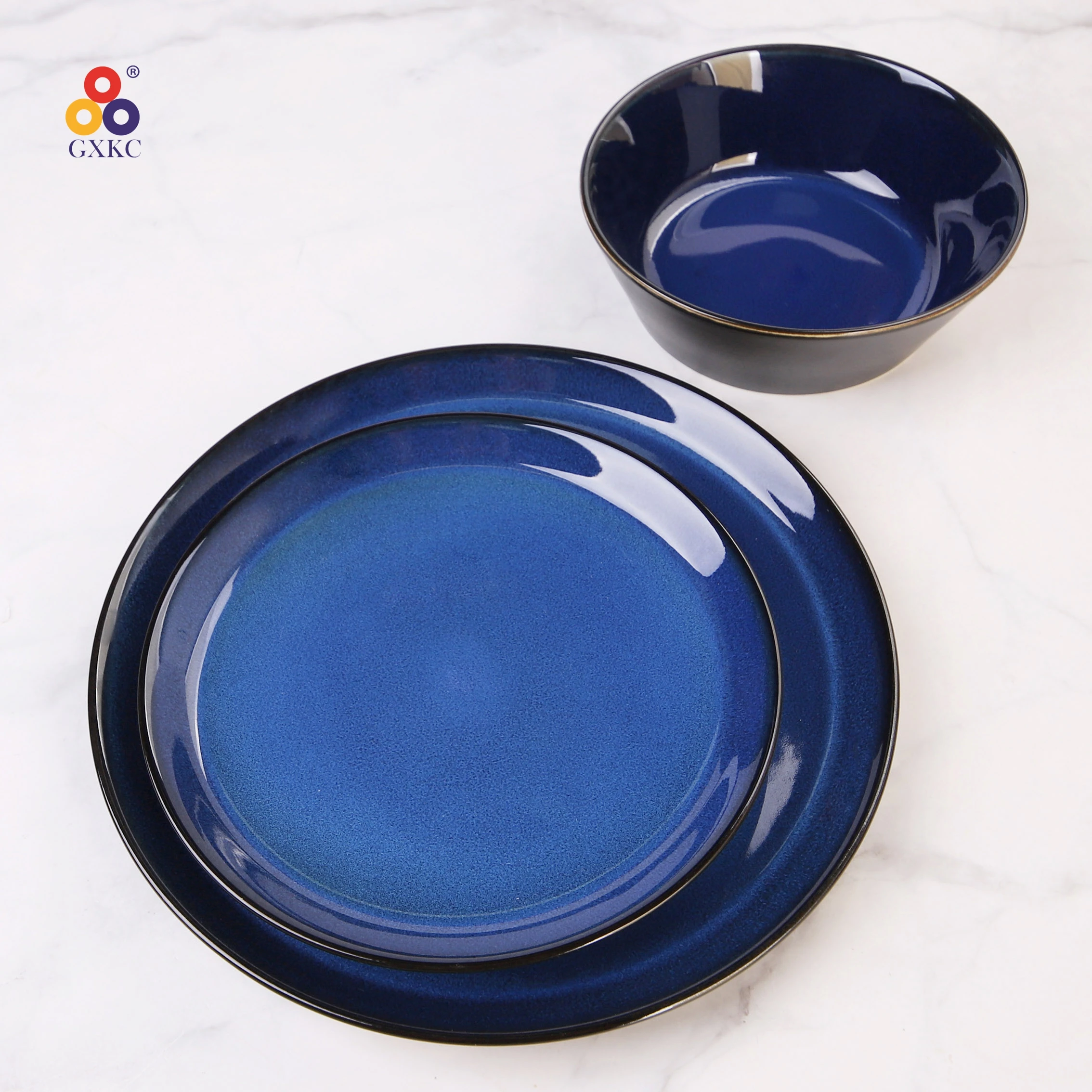 Sanhuan kitchenware stoneware tableware royal blue reactive glazed ceramic dinner salad bowl sweet plates dinnerware sets