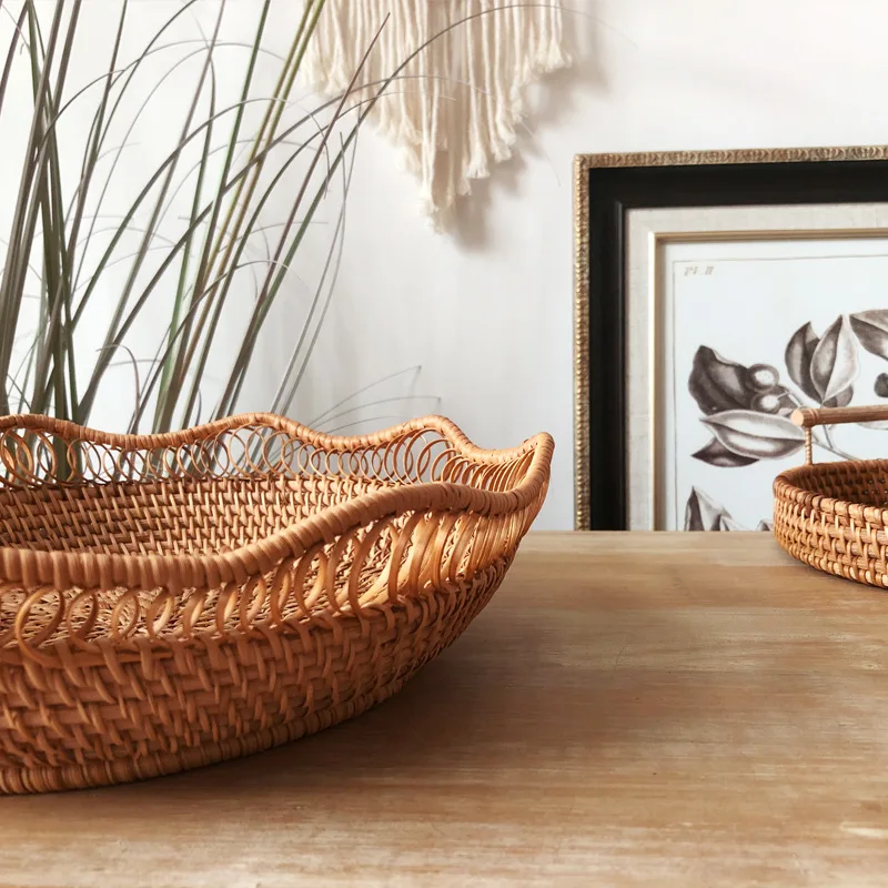 Rattan Handmade Fruit and Vegetable Woven bandeja picnic redonda Handcraft Wicker Food Storage Serving Tray