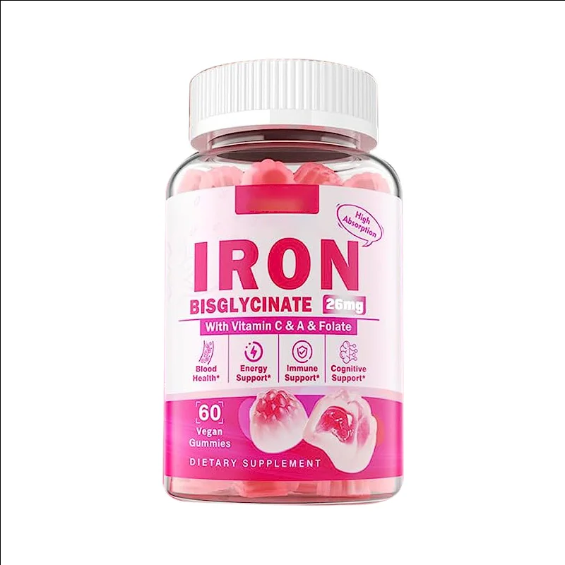 Vegan Iron Filled Gummies Non Constipating High Absorption 26mg Gentle Bisglycinate Vitamin B12 for Iron Deficiency & Anemia