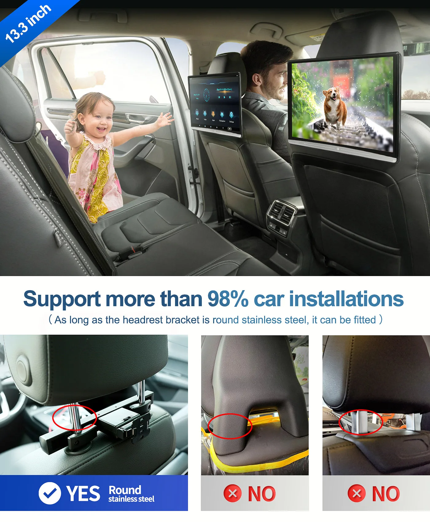 Back Seat Headrest Monitor Touch Screen 13.3 Inch Android 10.0 1080P WIFI/BT Headset/USB/HDMI/Airplay Tablet Movie Video Player