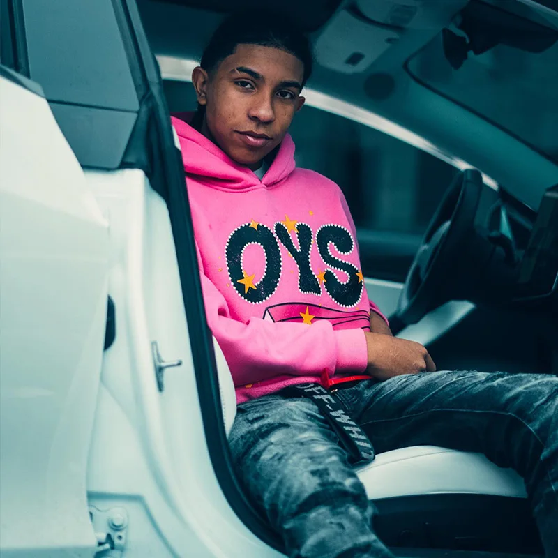 Custom rhinestone logo sweatshirts hoodies no string cut and sew oversized pullover french terry cotton cut edgs raw hem hoodie