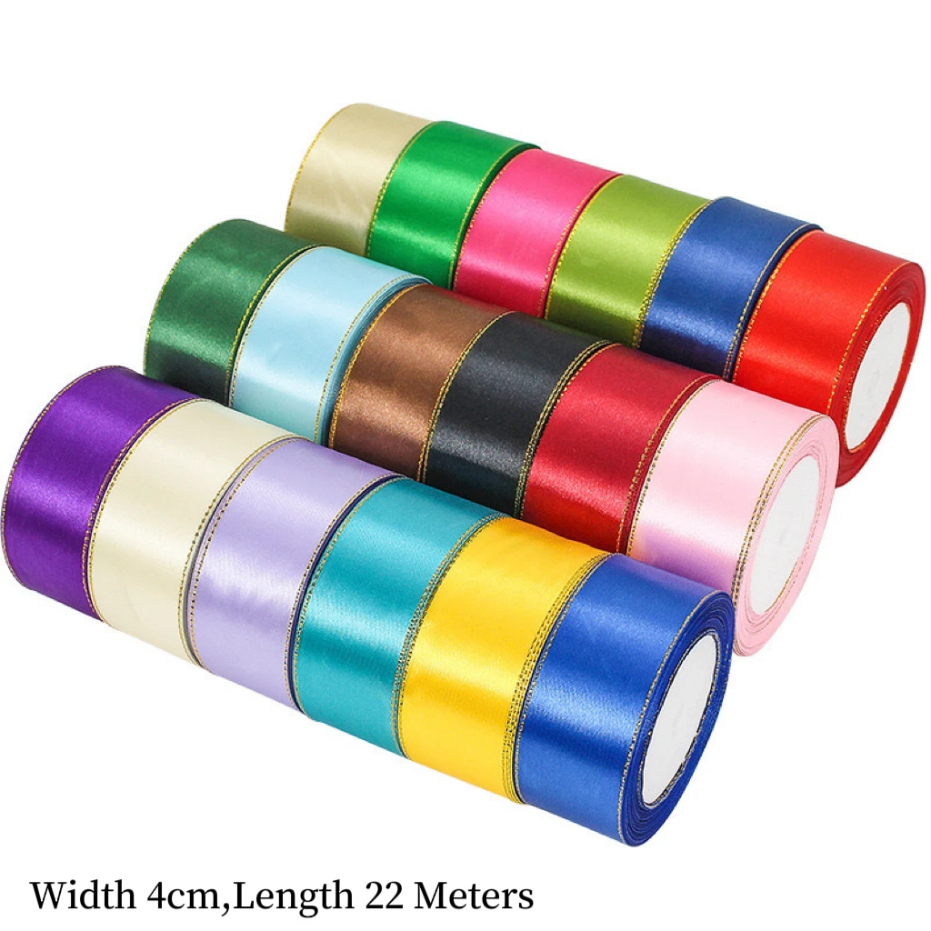 4cm Width 22 Meters Long High Quality Colorful Wedding Birthday Festivals Gold Edged Satin Ribbon for Gift Wrapping