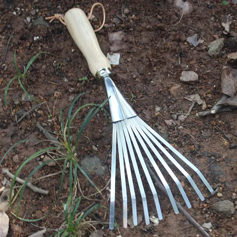 Stainless steel three toothed rake and flower