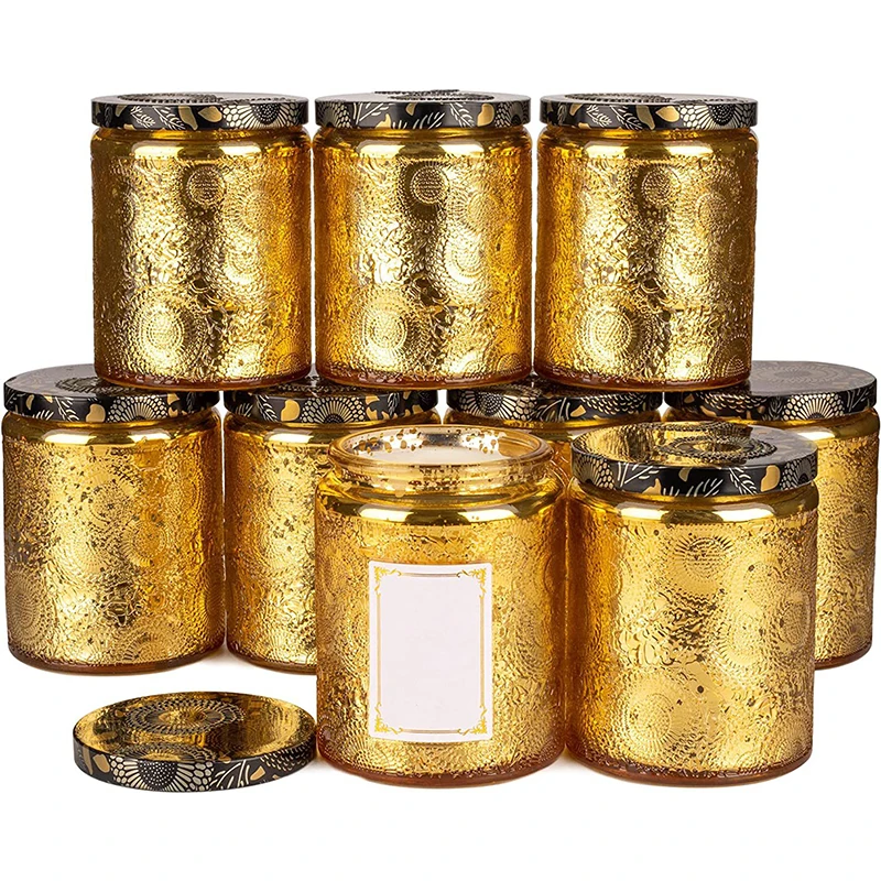 PUSISON Wholesale Eco-friendly New Special Design 250ml Embossed Shiny Golden Starry Sky Soy Wax Candle Jars Glass with Lids