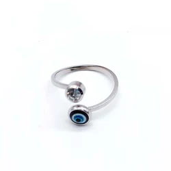 Stainless Steel Evil Eye Ring Silver Crystal Turkish Blue Eyes Adjustable Open Rings For Women Men