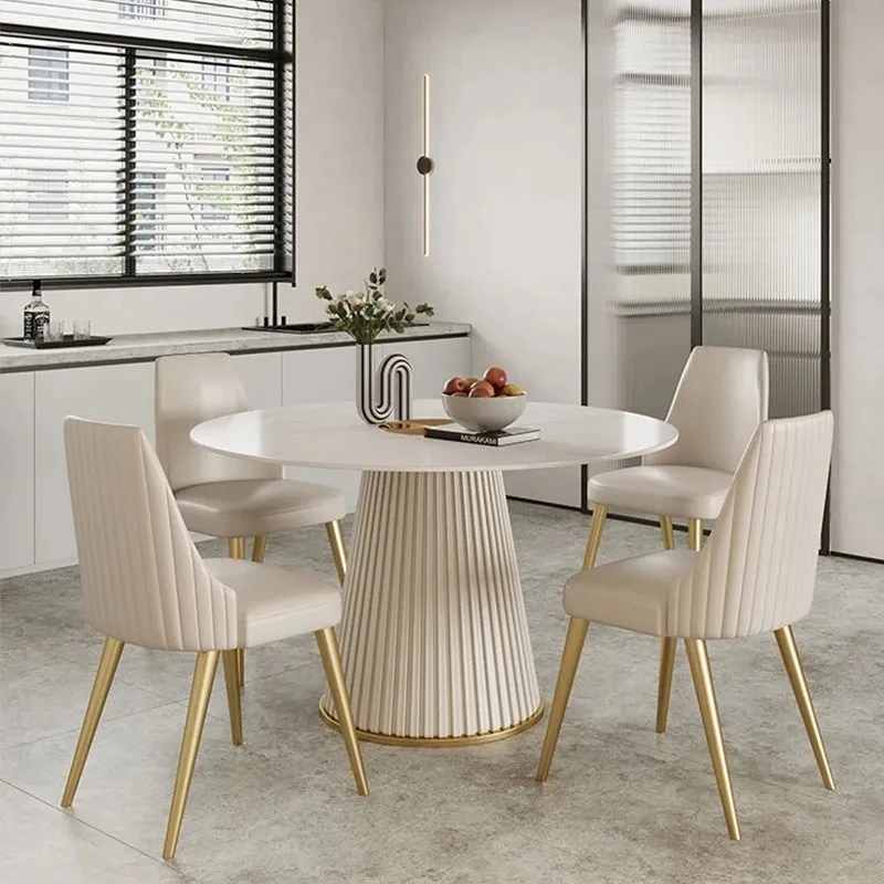 Modern light luxury light dining room furniture rock plate round dining table and chair combination