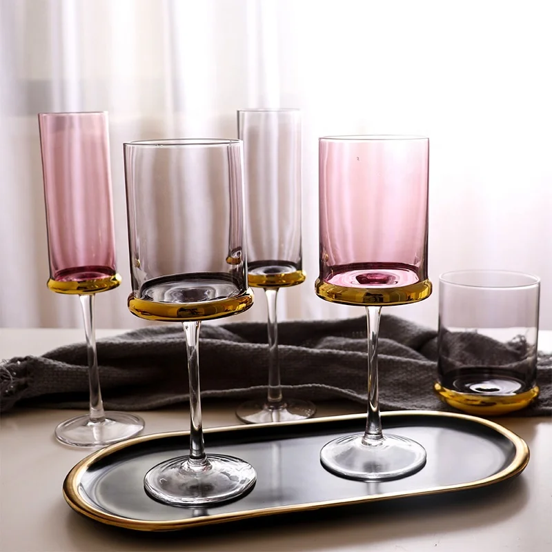Amber Straight Square Plating Crystal Champagne Flutes Glass Wine Goblet Glasses