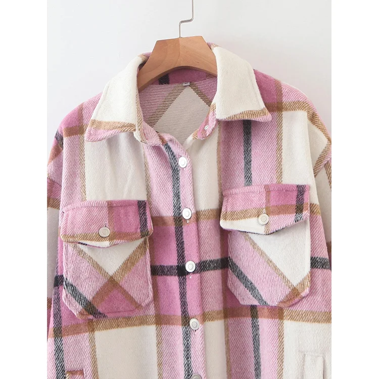 Women Fashion Lapel Collar Long Sleeve Loose Outerwear Vintage Stylish Pockets Oversized Plaid Jacket Coat