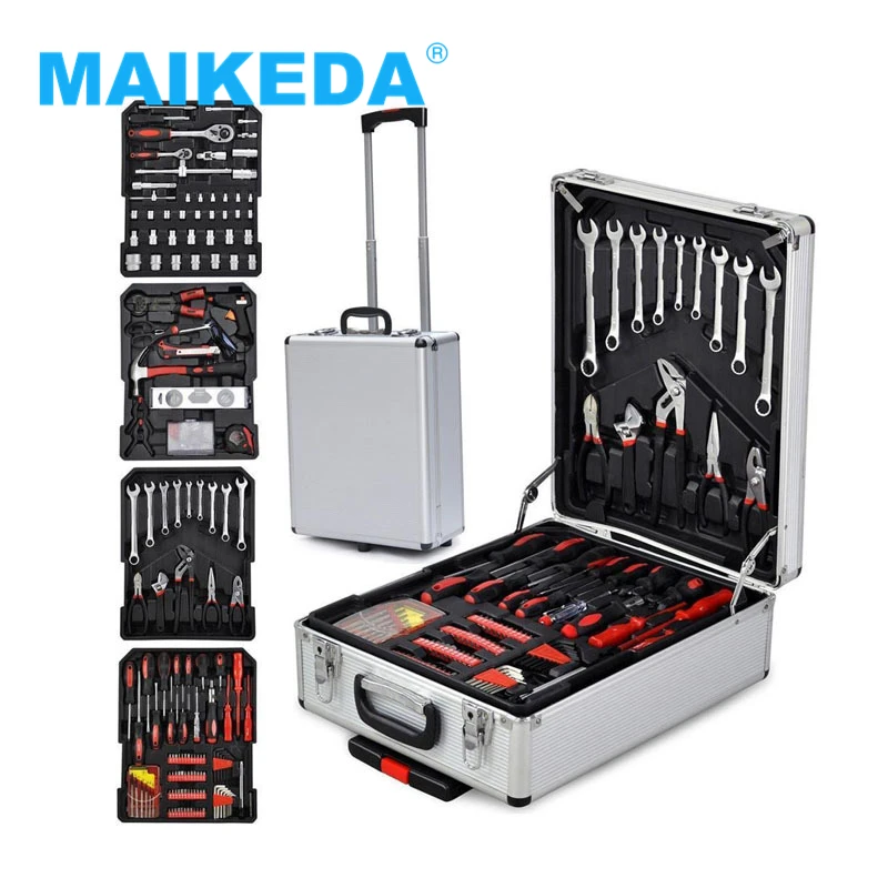 399-Piece Tool Set with Rolling Wheels Aluminum Trolley Case General Household Kit Auto Repair Tools Set Toolbox and Wheels