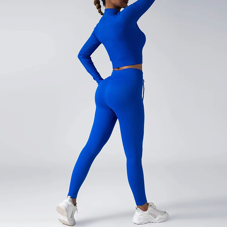 NEW Women  Yoga Wear 2-Pcs Set Zips  Long Sleeve Drawstring Pants Seamless Push Up Sports Wear And Fitness
