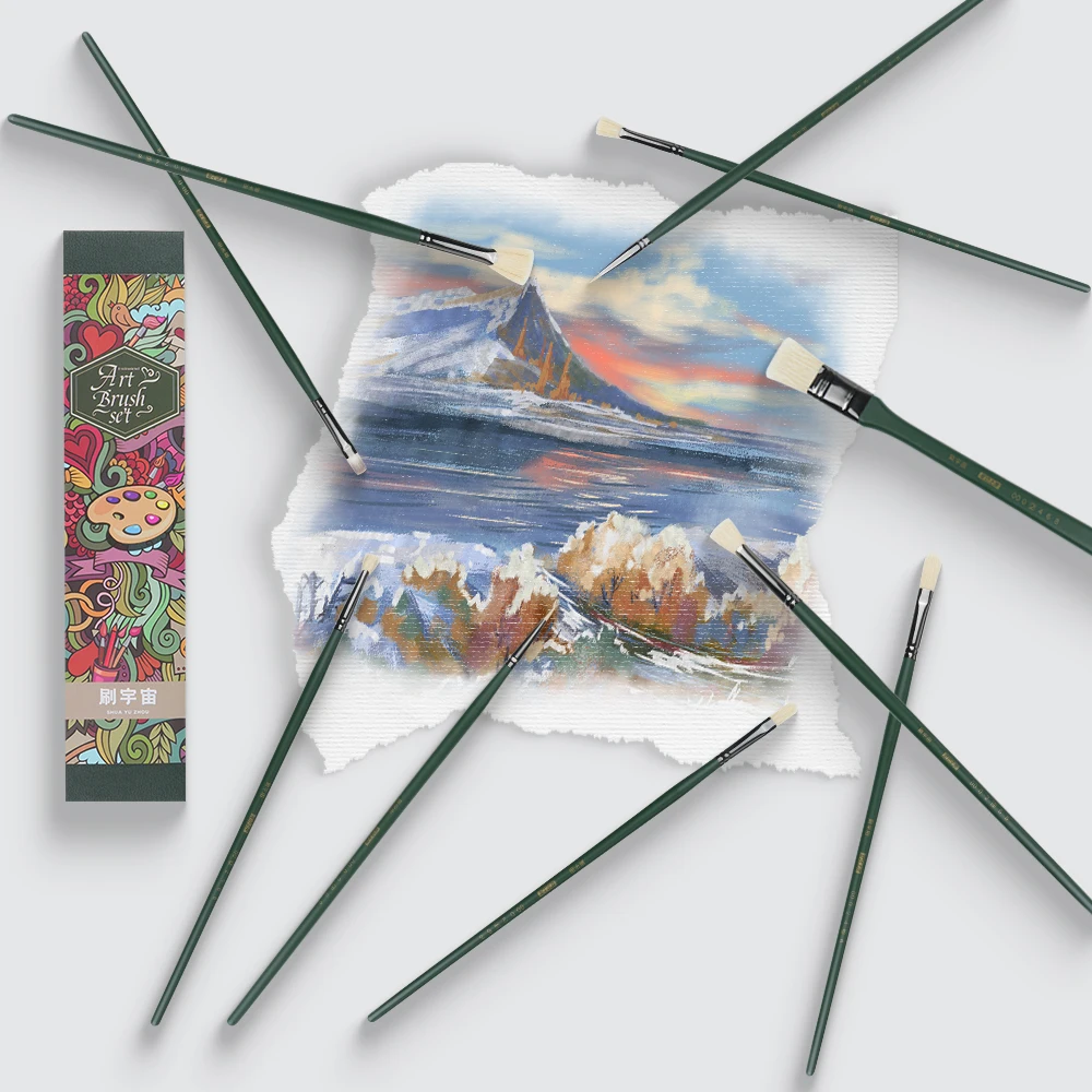 Artist Painting Drawing Brushes 10 Pieces Flat Hog Bristles Wooden Handle Set For Oil Colors Watercolor Acrylic