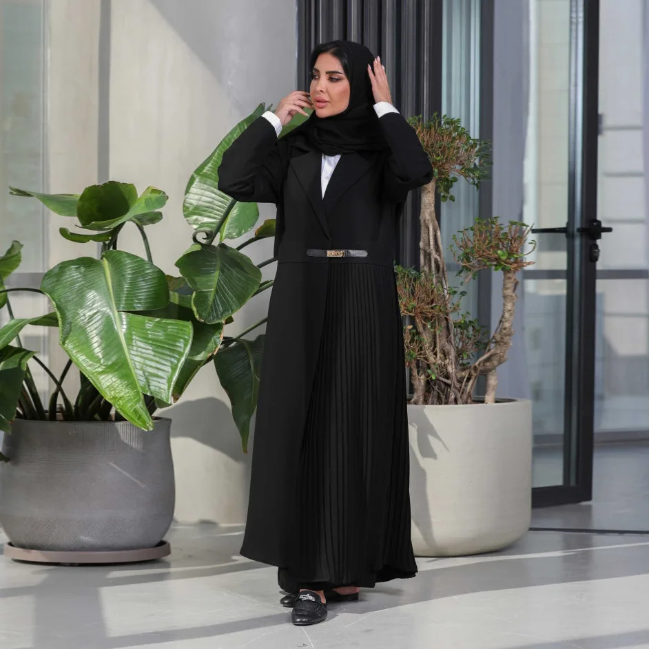 Turkish Dubai New Clothing Dress Kimono With Belted Fashion Pleated Suit Collar Cardigan Dress Muslim Open Front Abaya For Women