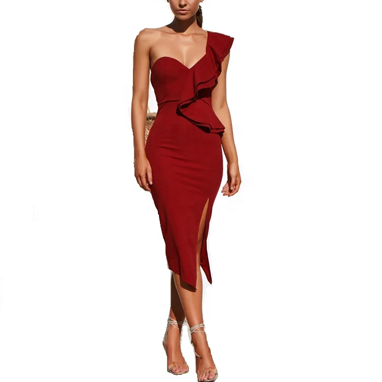 New design slim dress red dress women one shoulder party dress