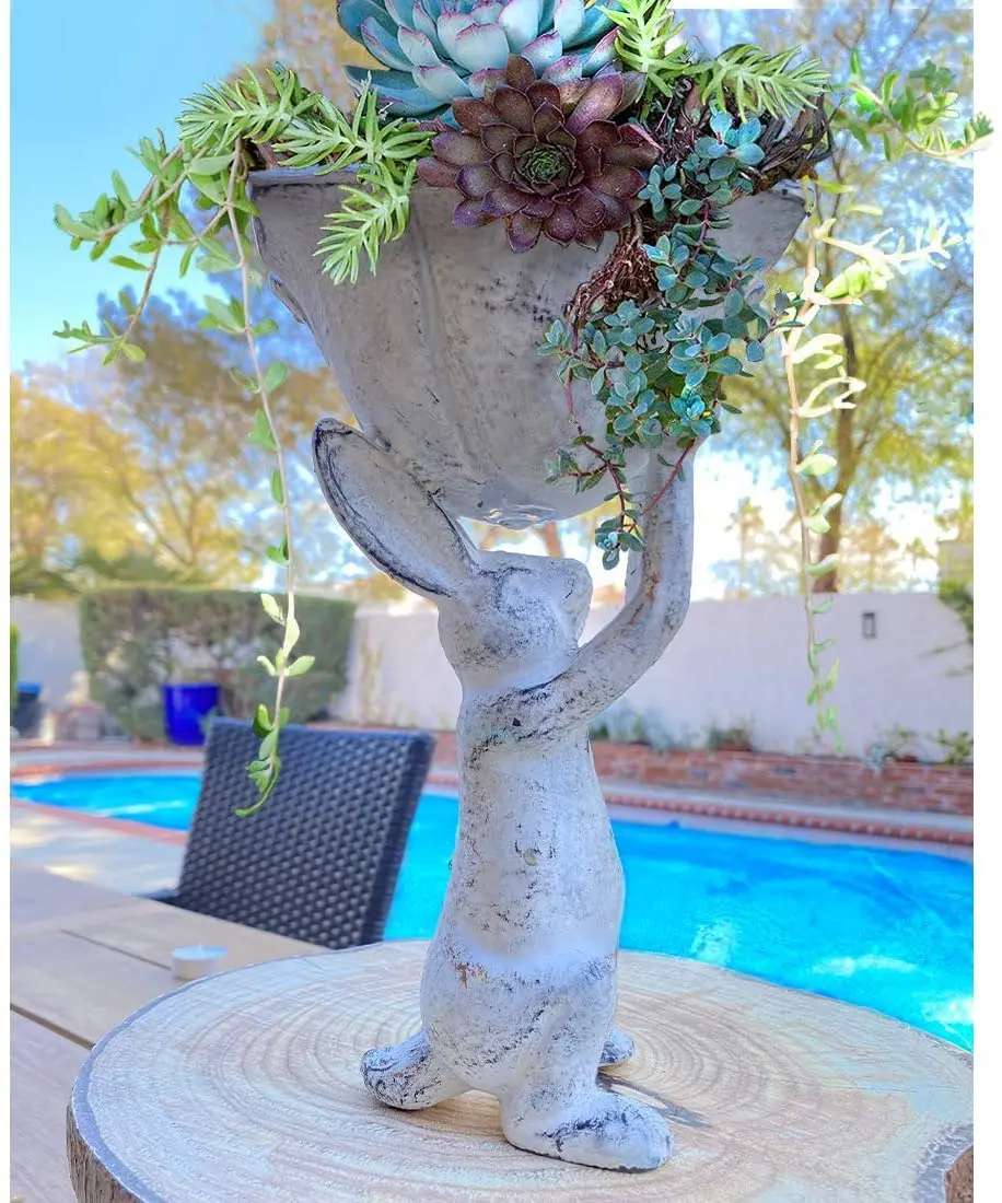 Oniya Distressed Antique White Cast Iron Planter Indoor Outdoor Bird Feeder Bunny Rabbit and Spring Tulip Yard Art Garden Decor