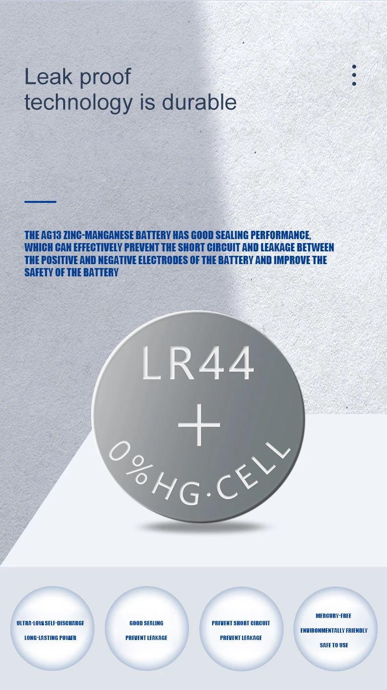 Mercury Free Environmental AG13 Lr 44 1.5V Non Rechargeable Alkaline Button Cell Lr44 battery For Watch Night Light