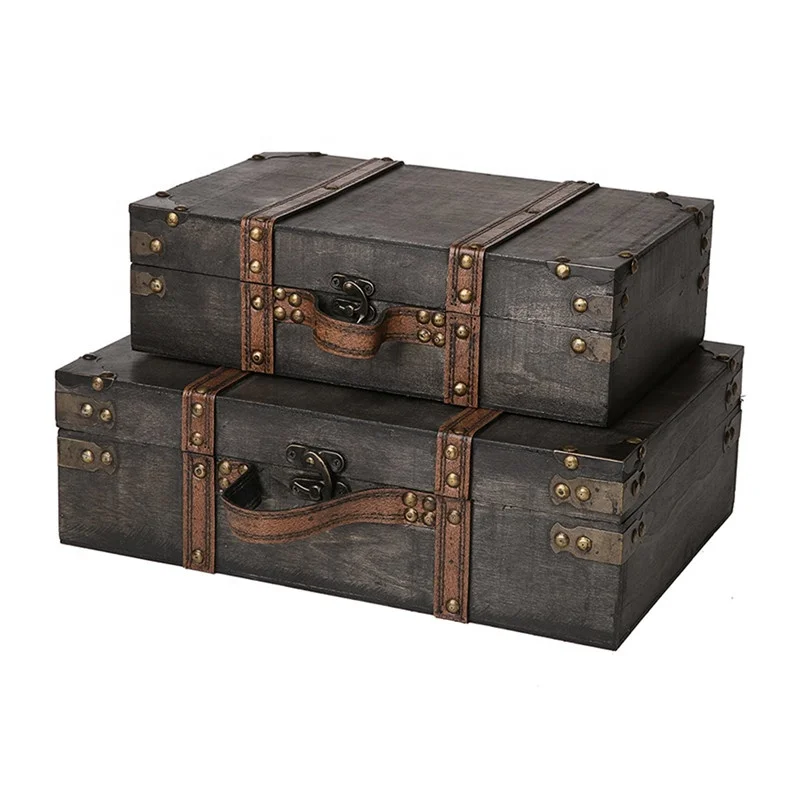 Caoxian Huashen Home decor rustic antique large rectangle wood trunk set of 2 wooden boxes luxury