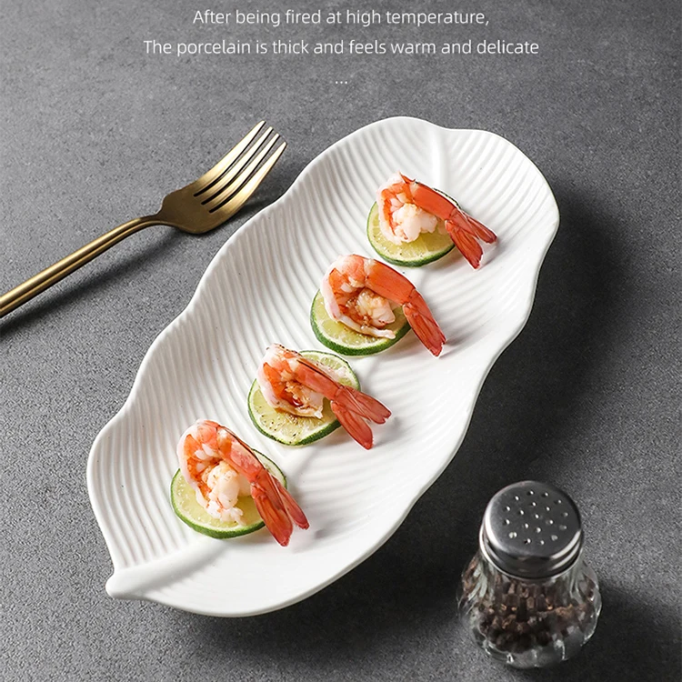 Nordic Ins style white Ceramic feather banana leaf plate porcelain sushi dessert plate barbecue Tray hotel tableware