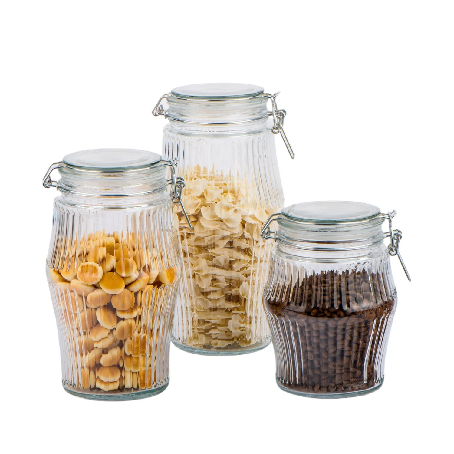 1300ml 1700ml 2150ml Glass Food Storage Jar with Lid and Metal Clip Embossed Vertical Lines Design