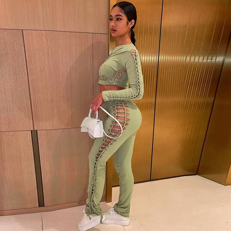 X1100 casual fashion sexy hollow out top and pants two piece set women