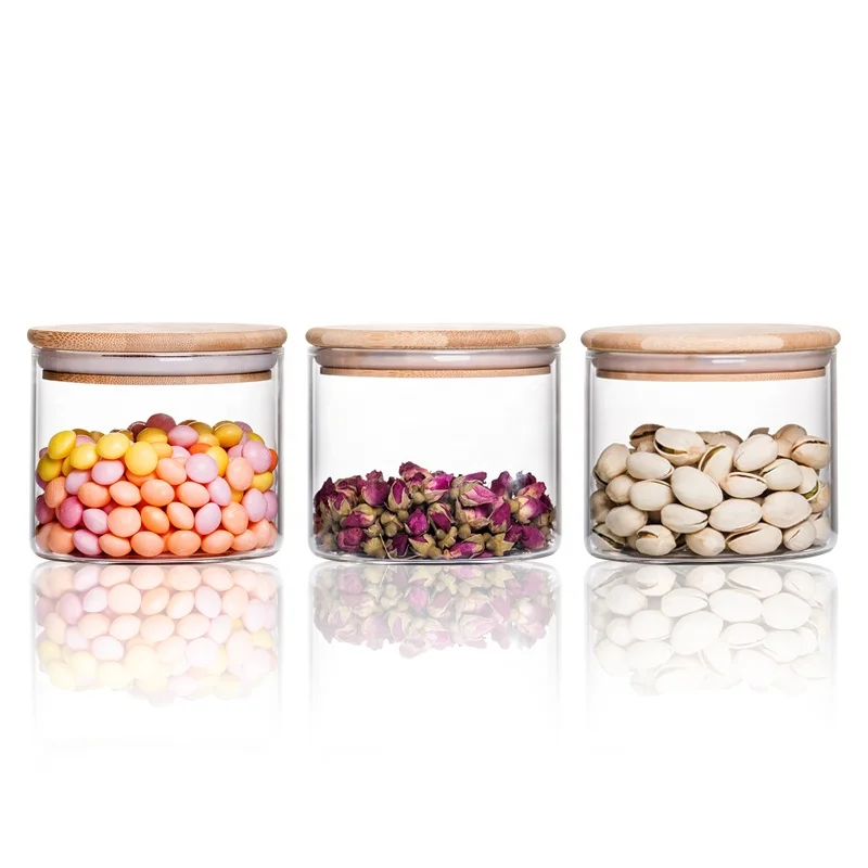 Wholesale glass canisters clear glass food grade material sealed glass storage jar with wooden lids