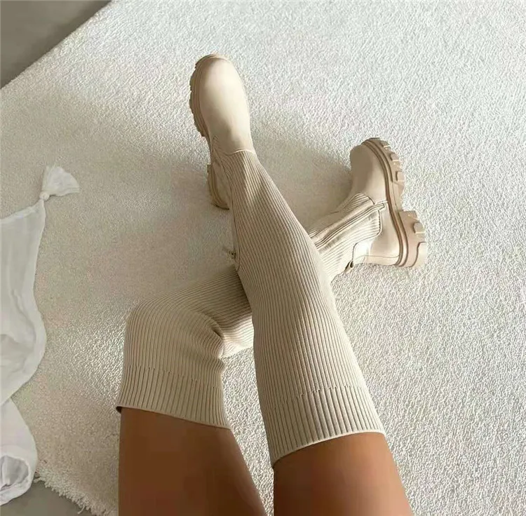 Зимние Модные однотонные кожаные вязаные сапоги выше колена на высоком каблуке женские высокие