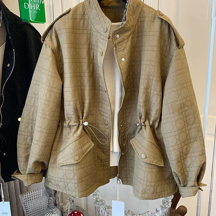 Boutique Wholesale 2022 Autumn Large Premium Style Stand Collar Lingge Drawstring Waist Collection Windbreaker Coat