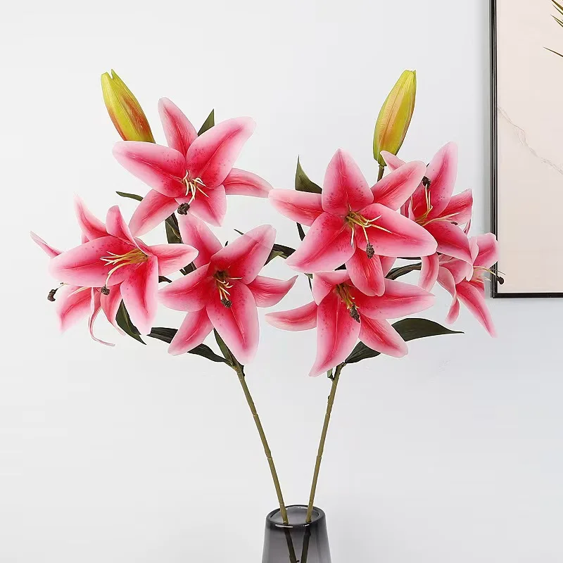 Hot Selling PU 5 Heads White Pink Natural Touch Artificial Lily Wedding Flower For Home Party Decoration Table Center Piece