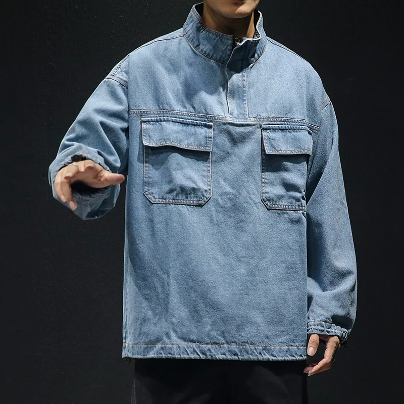 Custom Jean Jacket Men Fashion Plus Size Hoodies Denim Outwear Coat Loose Long Sleeve Denim Jacket