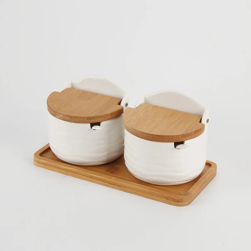 
Gift Home emboss Kitchen Porcelain Spice Condiment Jar set with Bamboo Lid 