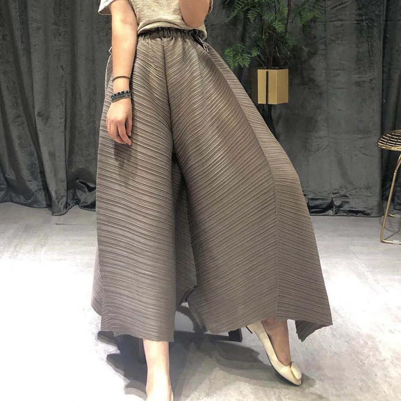 Plesfold Straight Pants Big Size Loose Waist Show Thin Pressed Pleated Wide-legged Trouser Woman