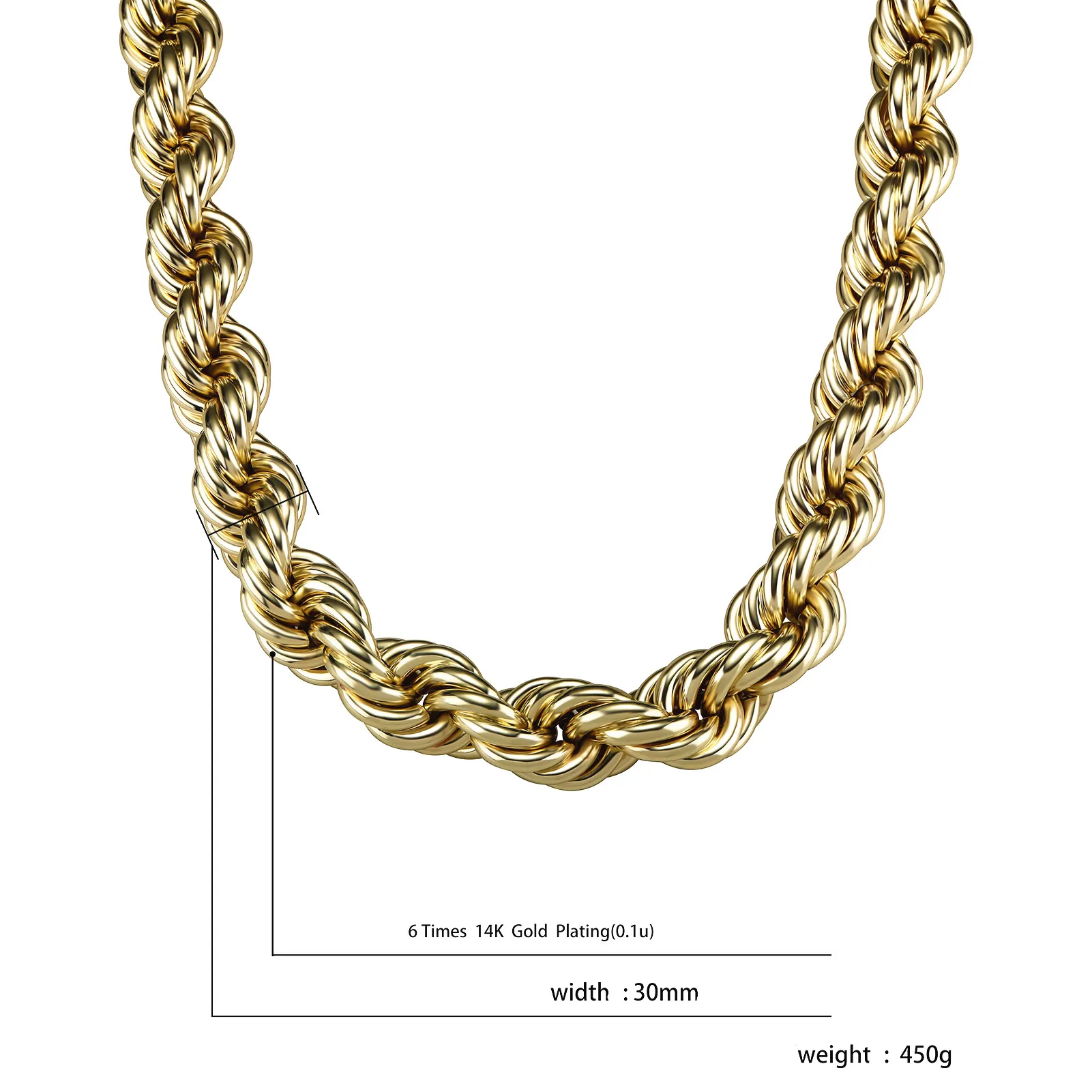 Hip Hop 30MM 14K Gold Plated Rope chain Oversize Rope Chain For Men Gold Chain Necklace