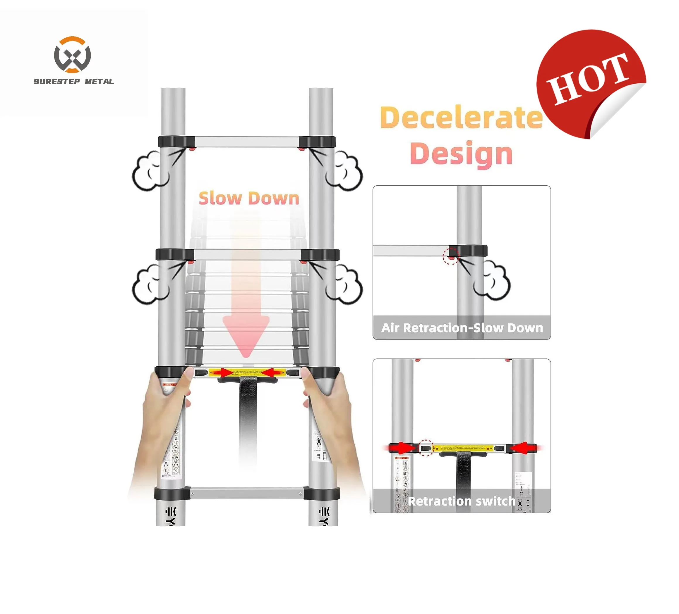 Adjustable Aluminum Telescopic ladder Max loading 150kg EN131