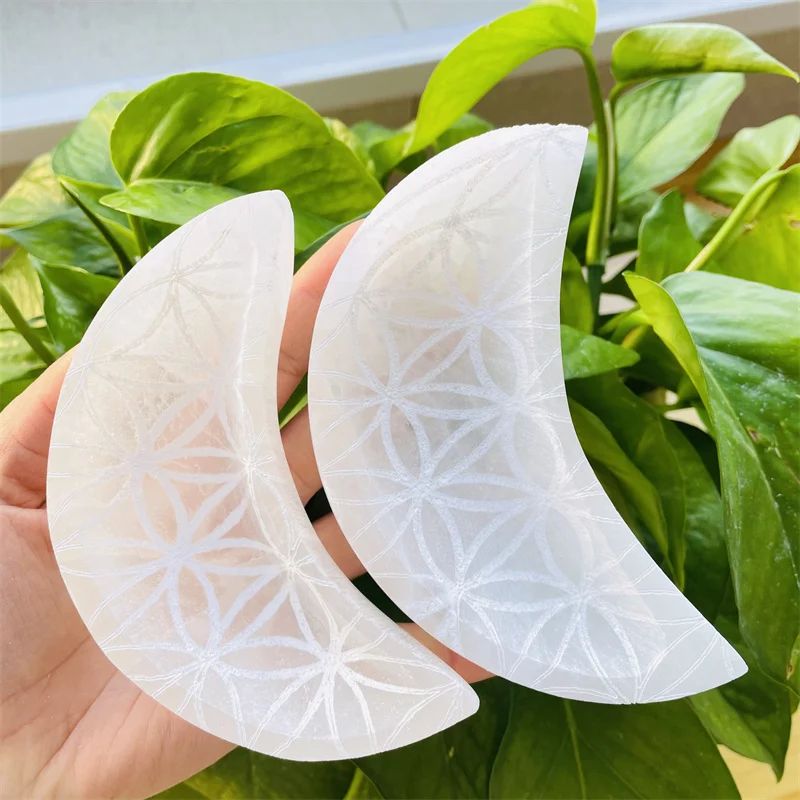 Natural Healing Gemstone Creative Flower Of Life Crystal Crafts Moon Shape Selenite Bowl  For Sale