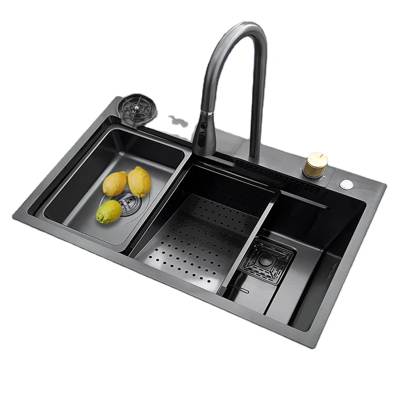 LS-7545B High end многофункциональный раковина из нержавеющей стали для волочения проволоки nano черный темно-серый цвет и
