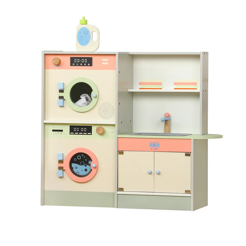 Toddler Wooden Pretend Role Play Game Toy Laundry Machine Kids Early Educational Wooden Simulation Washing Machine Toy
