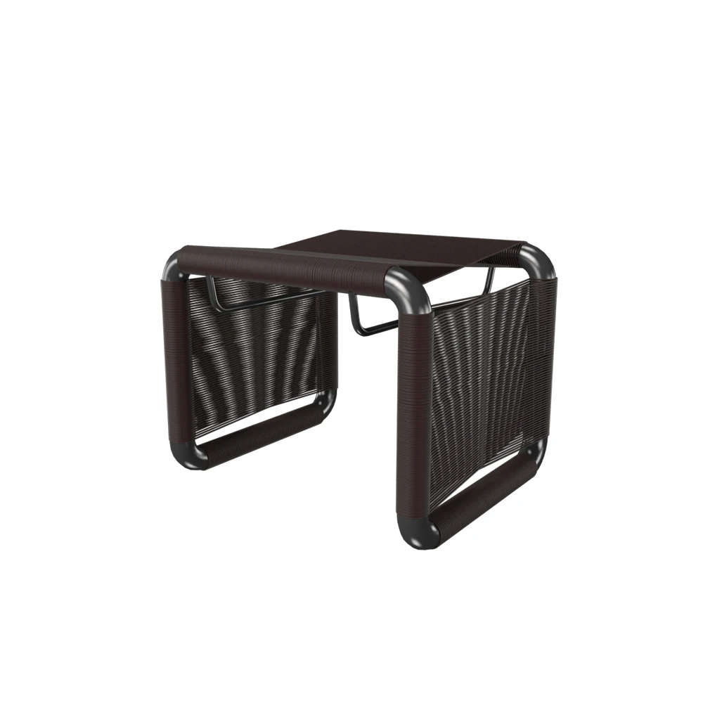 Contemporary Satin Steel Frame Brown Waxed Cording Woven Footstool for Living Room