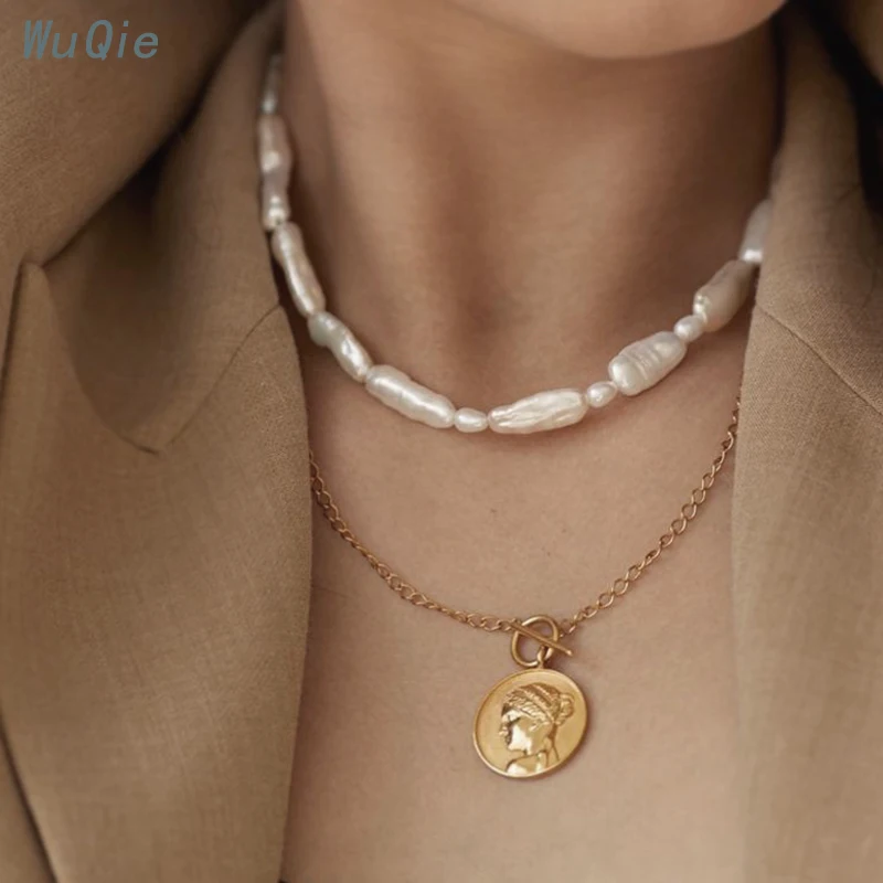 Wuqie Vintage 925 Sterling Silver Jewelry Human Portrait Coin Pendant Necklaces Gold Plated Round Necklace