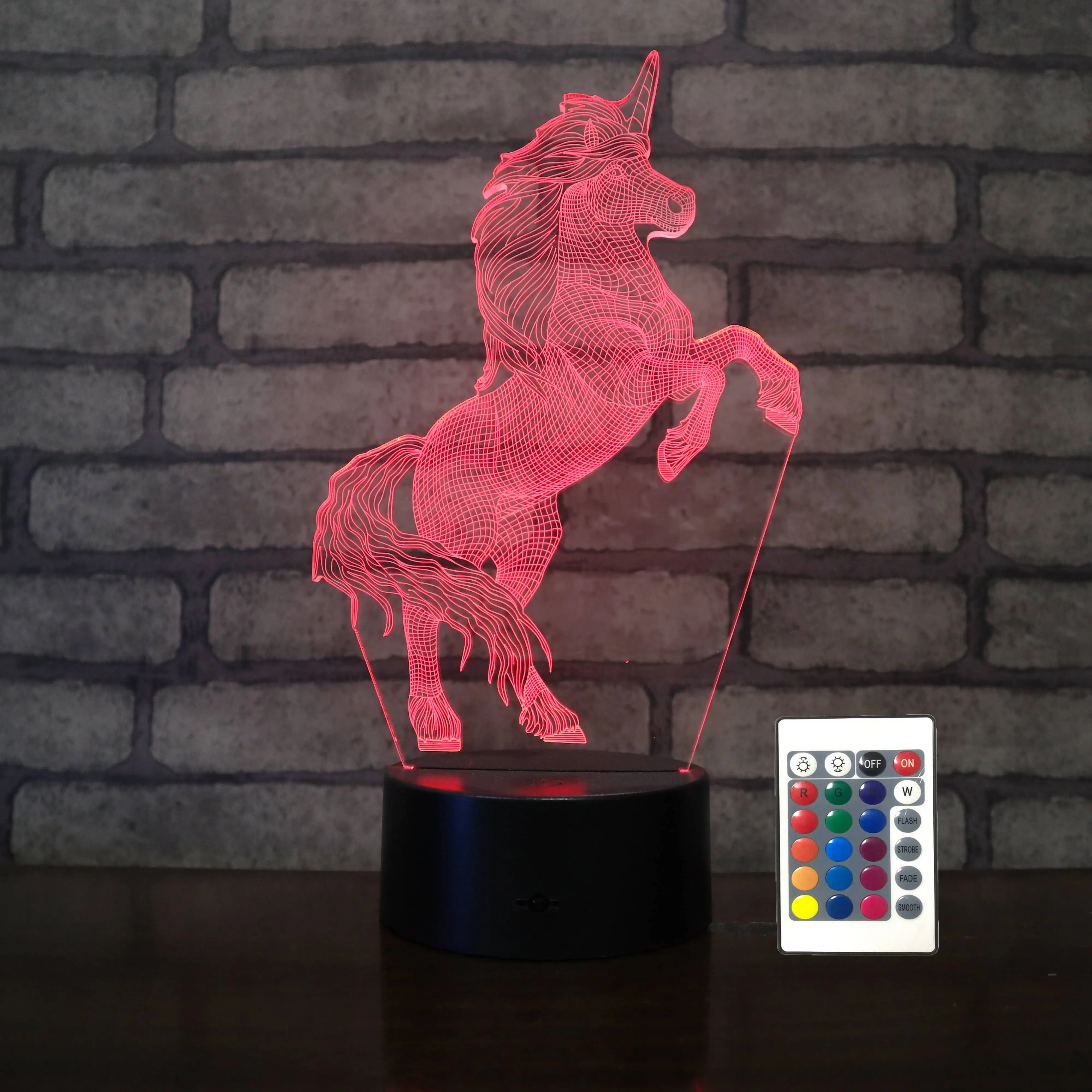Spray running unicorn modle plexiglass led 3d lamp shadow hologram RGB 16colors night light with battery case and remote