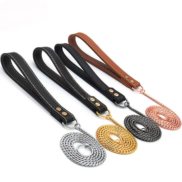 High Quality Dog Chain Cuban Pitbull Solid choke chain collar leash with leather Leash for Large dog