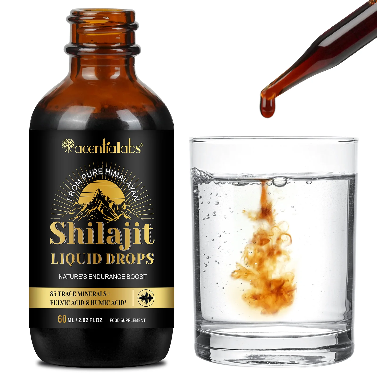 Acentiallabs 85 trace minerals 60ml himalayan shilajit liquid drops 100% pure shilajit supplement pure himalayan shilajit drops